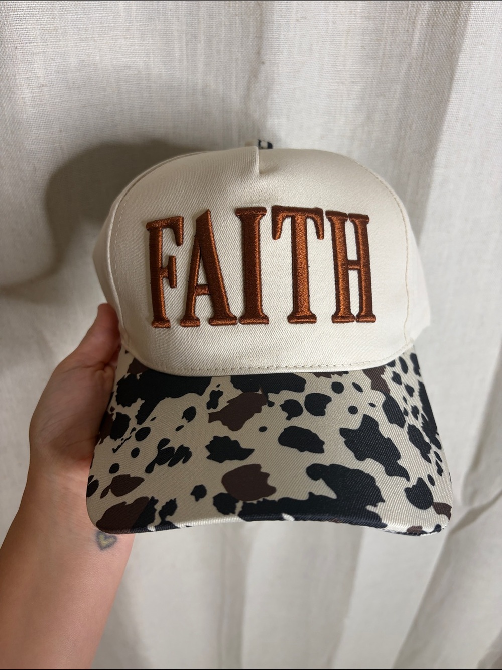 FAITH Embroidered Cream Trucker Hat with Cow Print Visor
